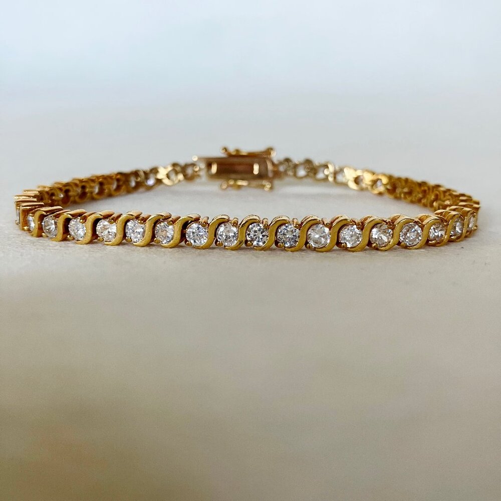 S Link Tennis Bracelet Gold Tone Metal Round Clear Crystal Rhinestones 7.5" Long